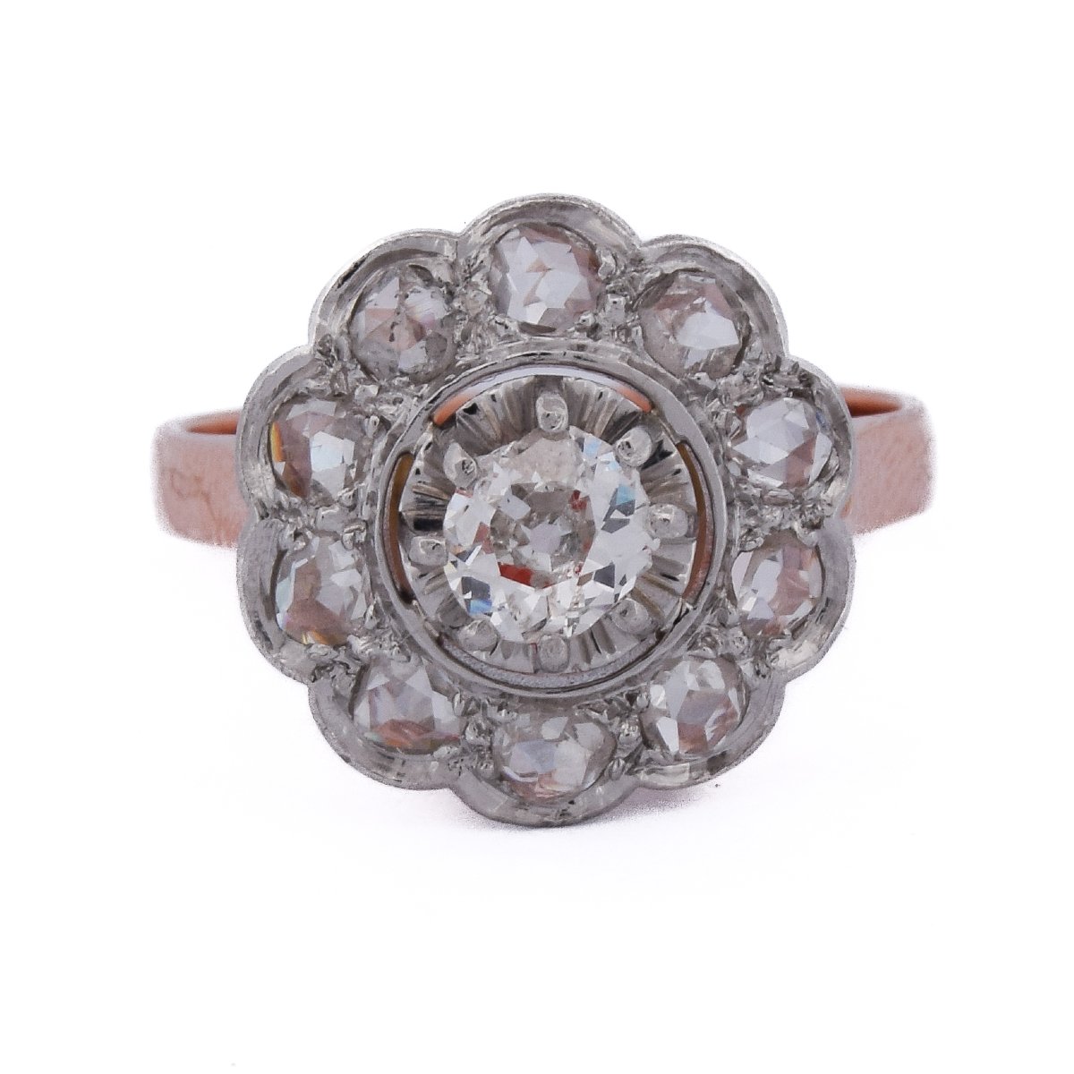 Anello Vintage In Oro 18 Carati E Platino 950 Con Diamanti Old Cut   AN642
