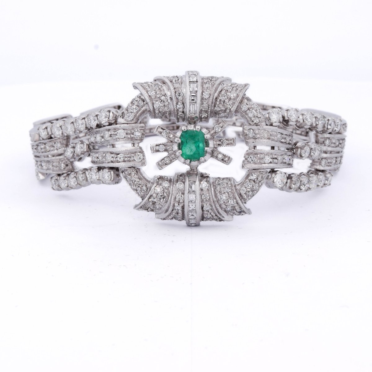 Bracciale Art Déco in platino 950 con diamanti e smeraldo     BR29 (00549)