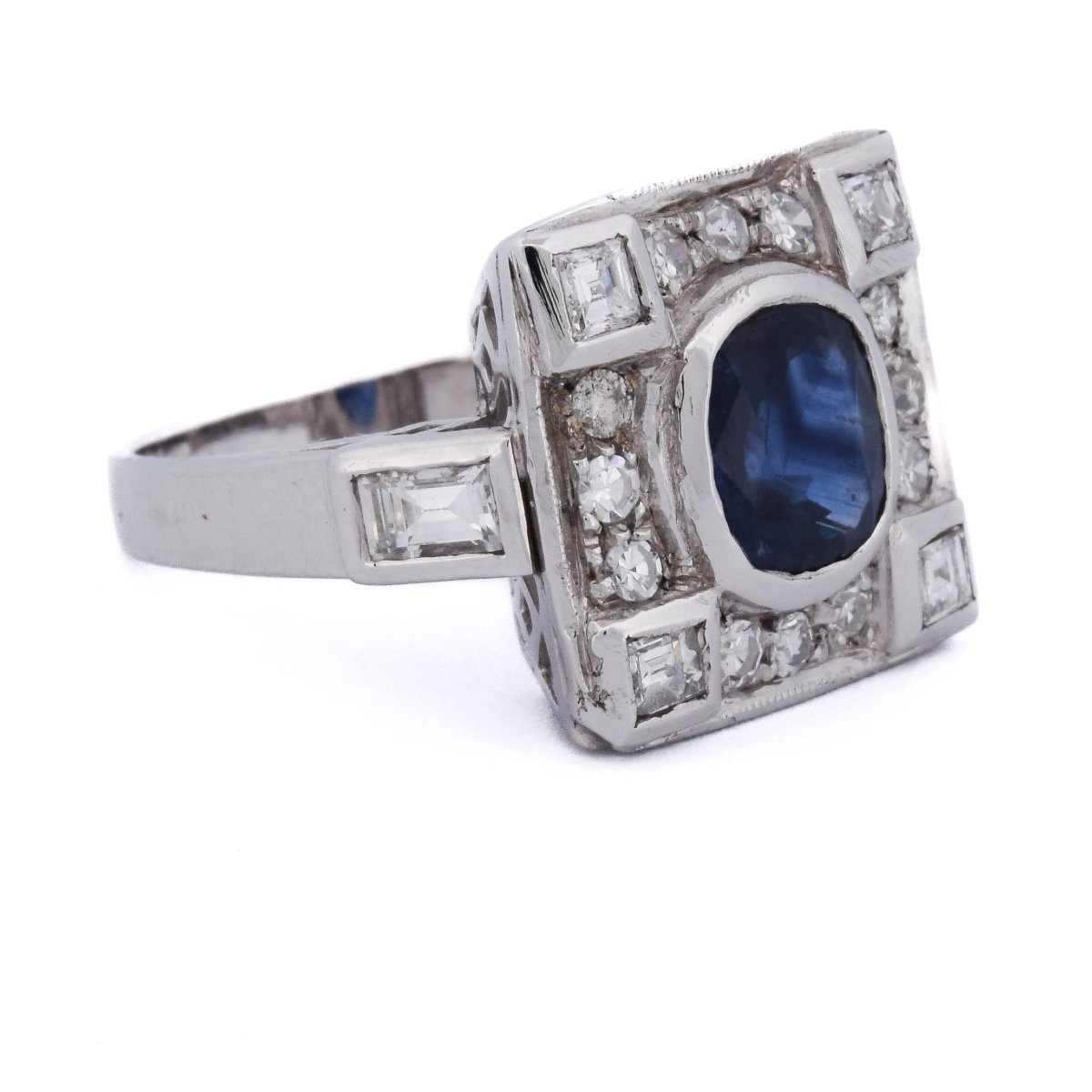 Anello Art Déco In Oro 18 Kt Con Zaffiro Naturale E Diamanti    AN58 112-150 (00319)-photo-2
