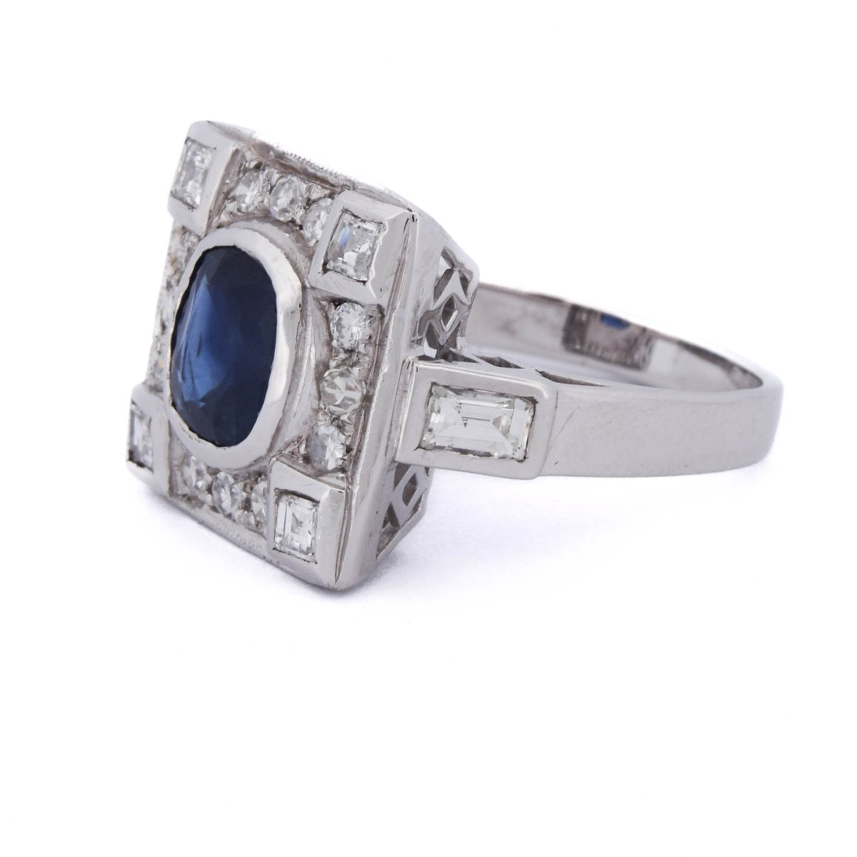 Anello Art Déco In Oro 18 Kt Con Zaffiro Naturale E Diamanti    AN58 112-150 (00319)-photo-2