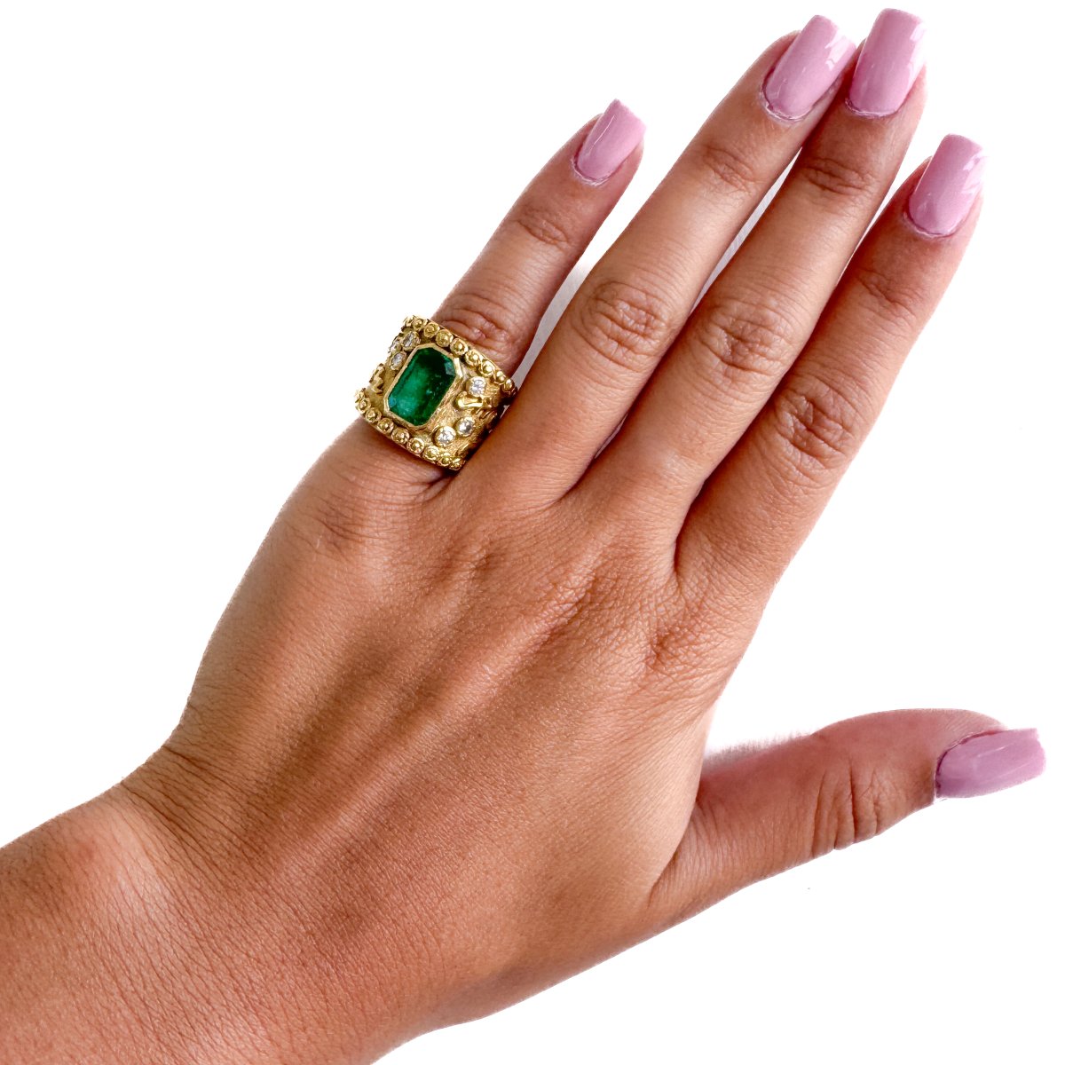 Anello Vintage In Oro 18 Kt Con Smeraldo E Diamanti   AN687 112-474 (05290)-photo-3