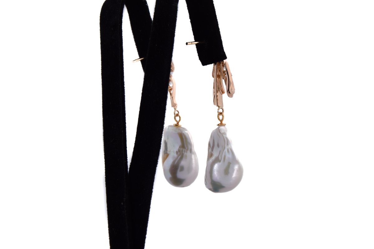 Orecchini Vintage in Oro 18 Carati con Diamanti Old Cut e Perle Barocche Naturali  OR247-photo-3
