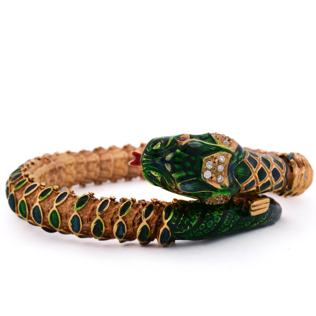 Bracciale Serpente Vintage Anni ’60 in Oro 14 Carati, Smalto Verde, Diamanti e Rubini   BR136-photo-2