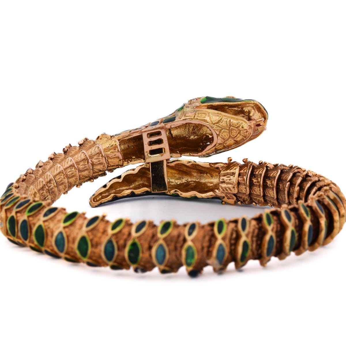 Bracciale Serpente Vintage Anni ’60 in Oro 14 Carati, Smalto Verde, Diamanti e Rubini   BR136-photo-4