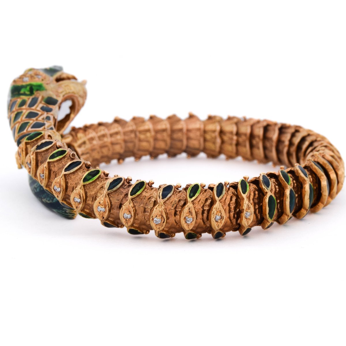 Bracciale Serpente Vintage Anni ’60 in Oro 14 Carati, Smalto Verde, Diamanti e Rubini   BR136-photo-1