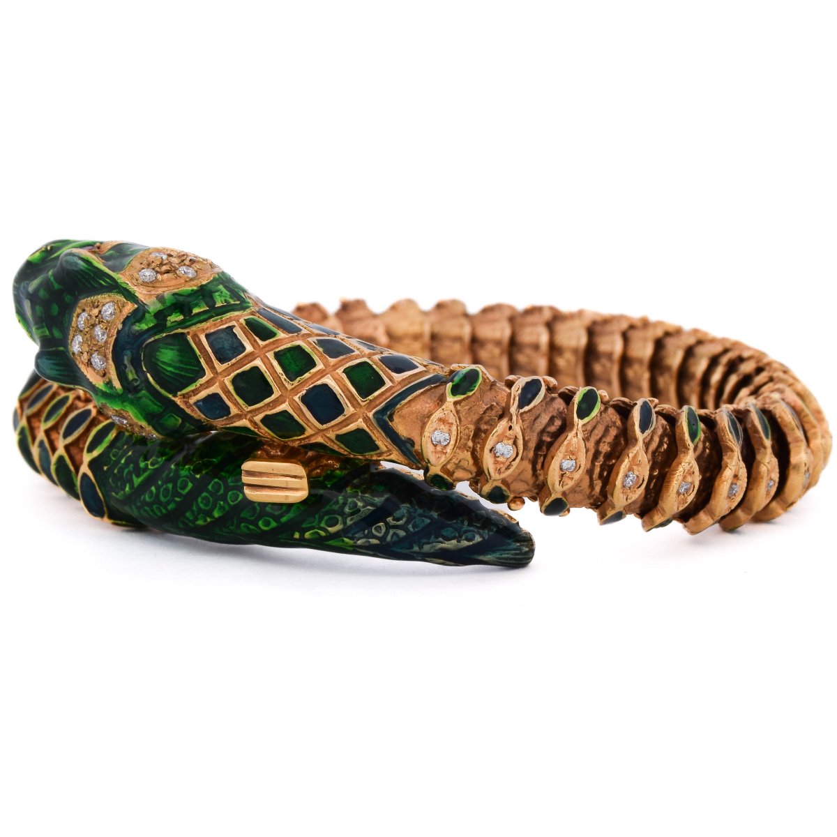Bracciale Serpente Vintage Anni ’60 in Oro 14 Carati, Smalto Verde, Diamanti e Rubini   BR136-photo-2