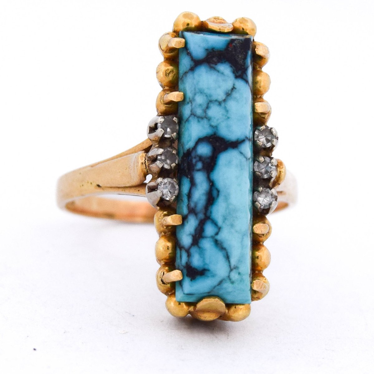Anello Vintage In Oro Giallo 18 Kt Con Turchese Naturale E Diamanti-photo-2