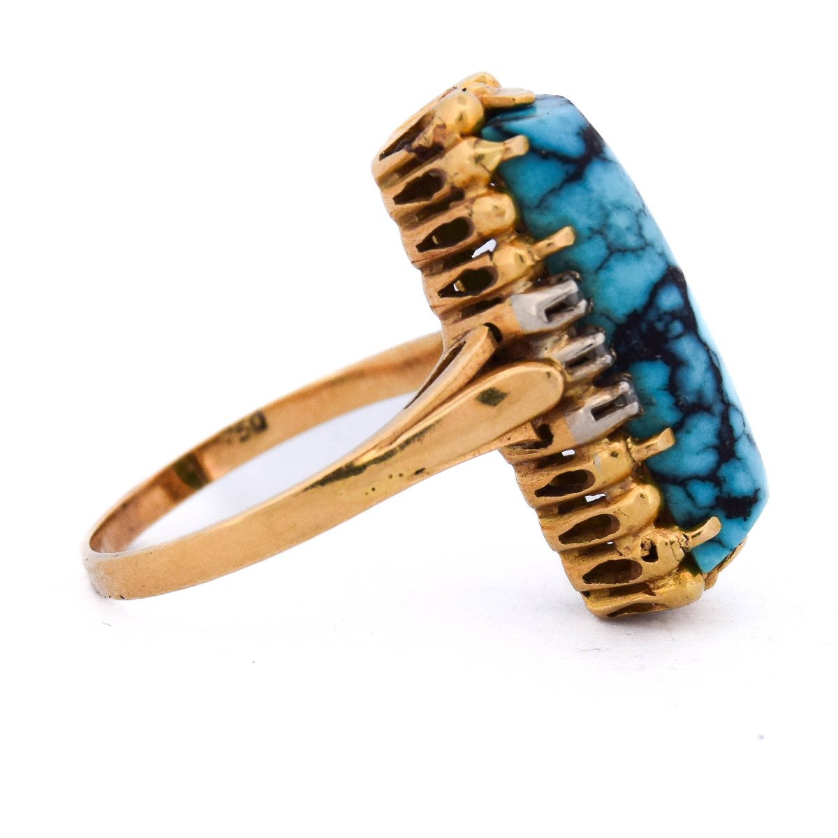 Anello Vintage In Oro Giallo 18 Kt Con Turchese Naturale E Diamanti-photo-3