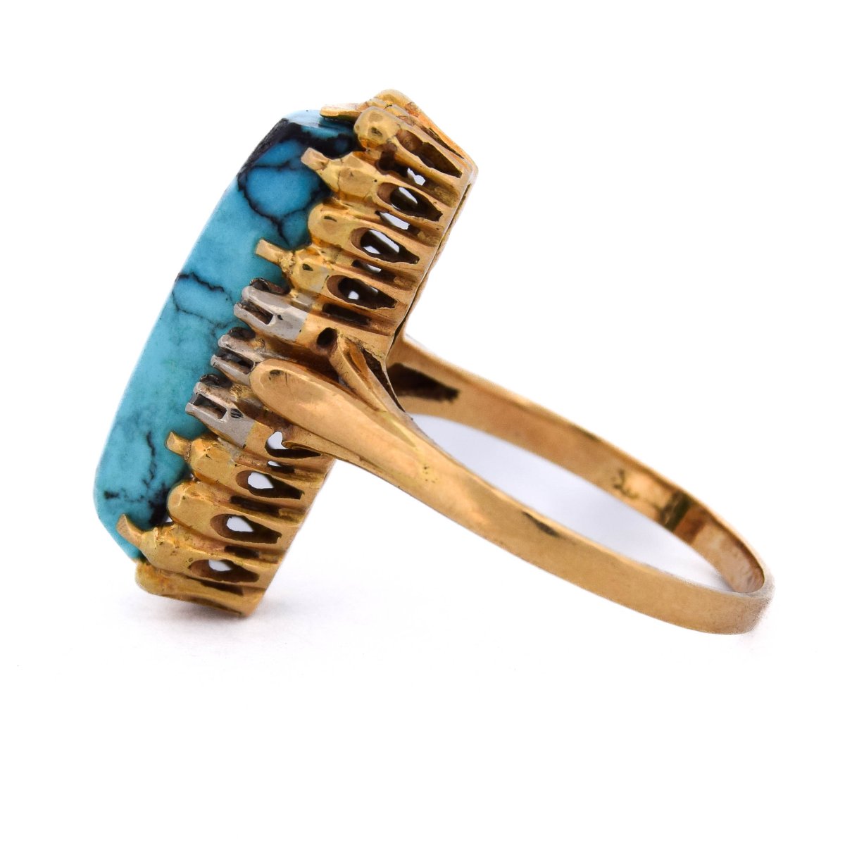 Anello Vintage In Oro Giallo 18 Kt Con Turchese Naturale E Diamanti-photo-2