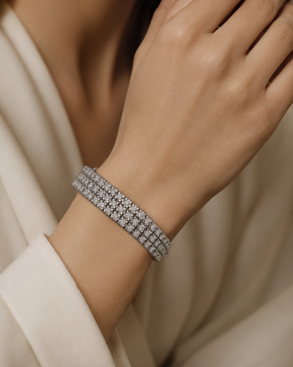 Bracciale Tennis Vintage A Tre Fasce In Oro Bianco 18 Kt Con Diamanti 9,50 Carati    BR44 (0086-photo-3