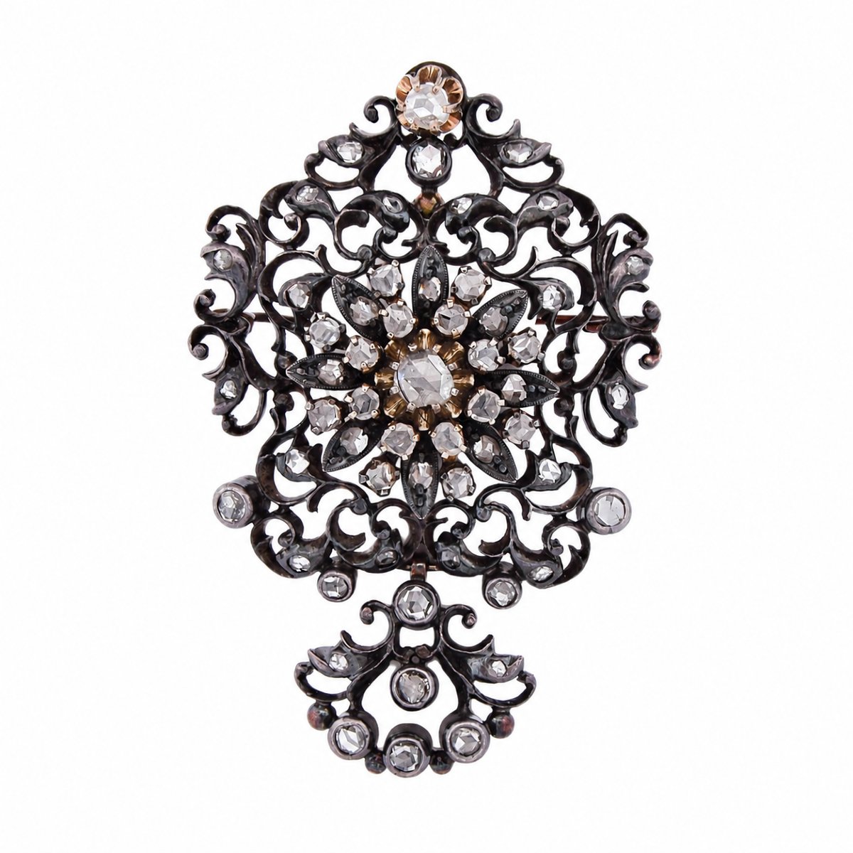 Spilla Pendente Vittoriana in Oro 12 Carati e Argento con Diamanti Taglio Rosa   SP80