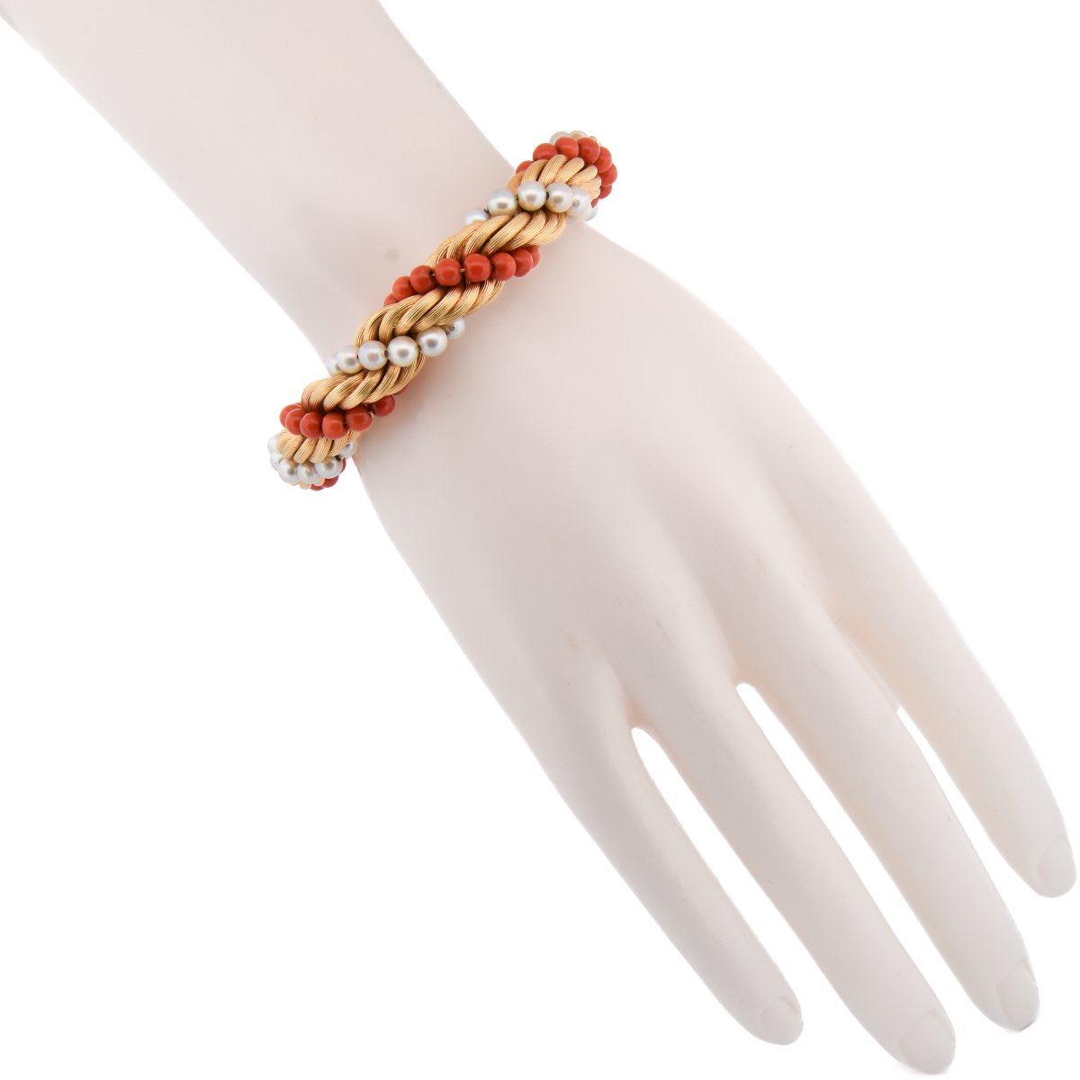 Parure Vintage Con Collana E Bracciale In Oro 18 Carati, Corallo Naturale E Perle Naturali -photo-2