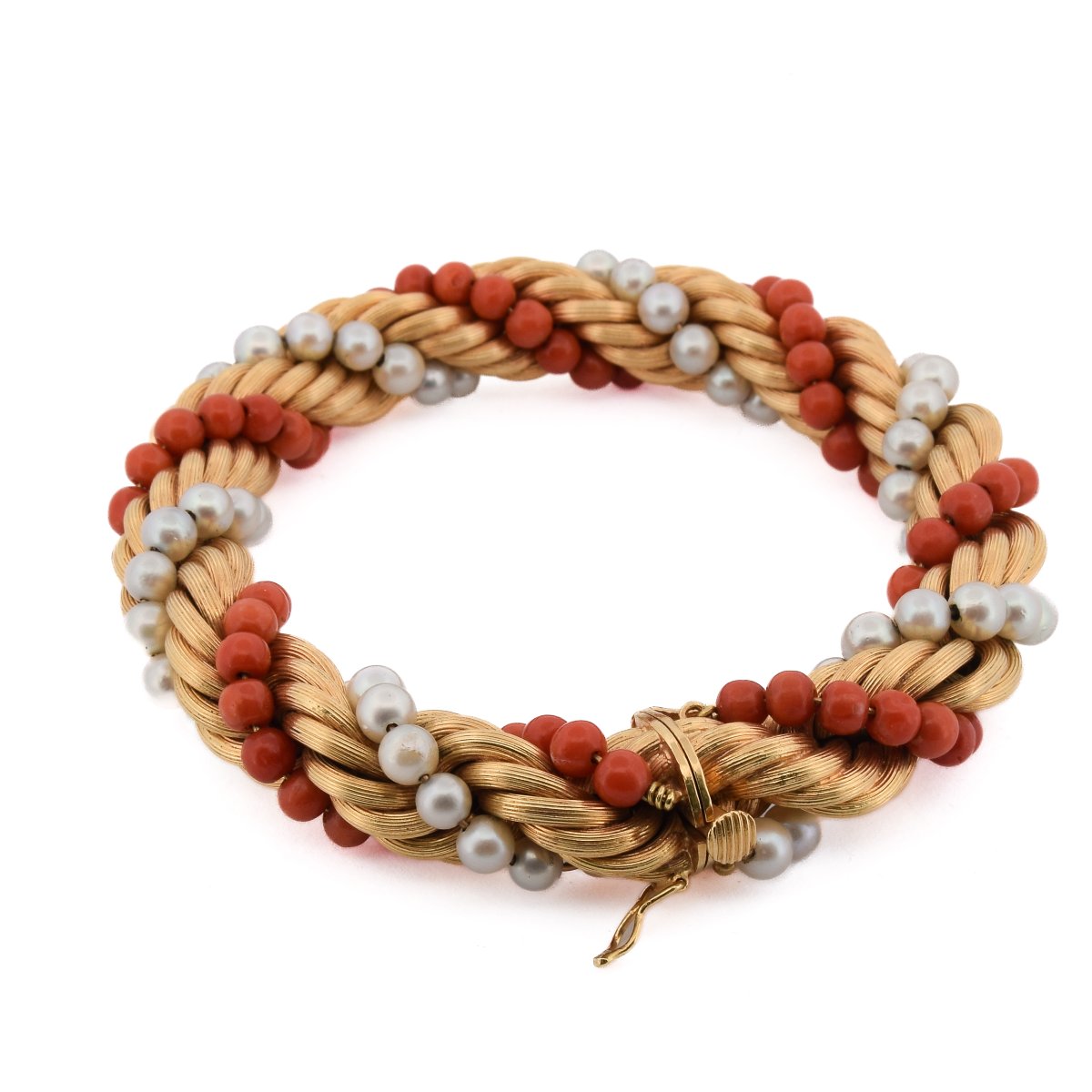 Parure Vintage Con Collana E Bracciale In Oro 18 Carati, Corallo Naturale E Perle Naturali -photo-3
