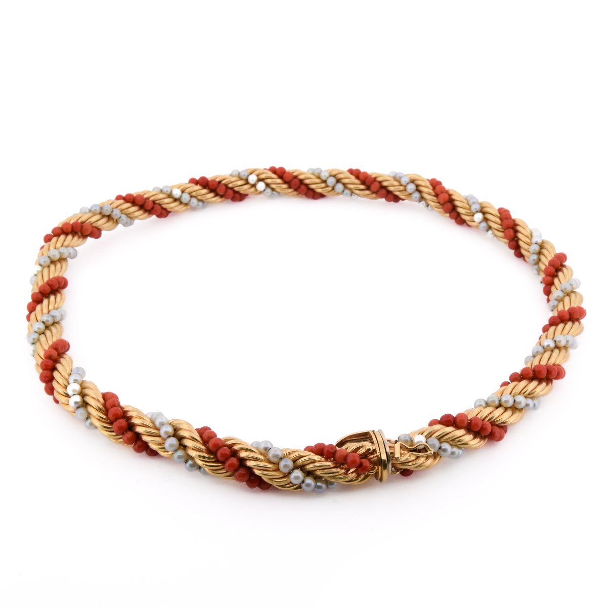 Parure Vintage Con Collana E Bracciale In Oro 18 Carati, Corallo Naturale E Perle Naturali -photo-4