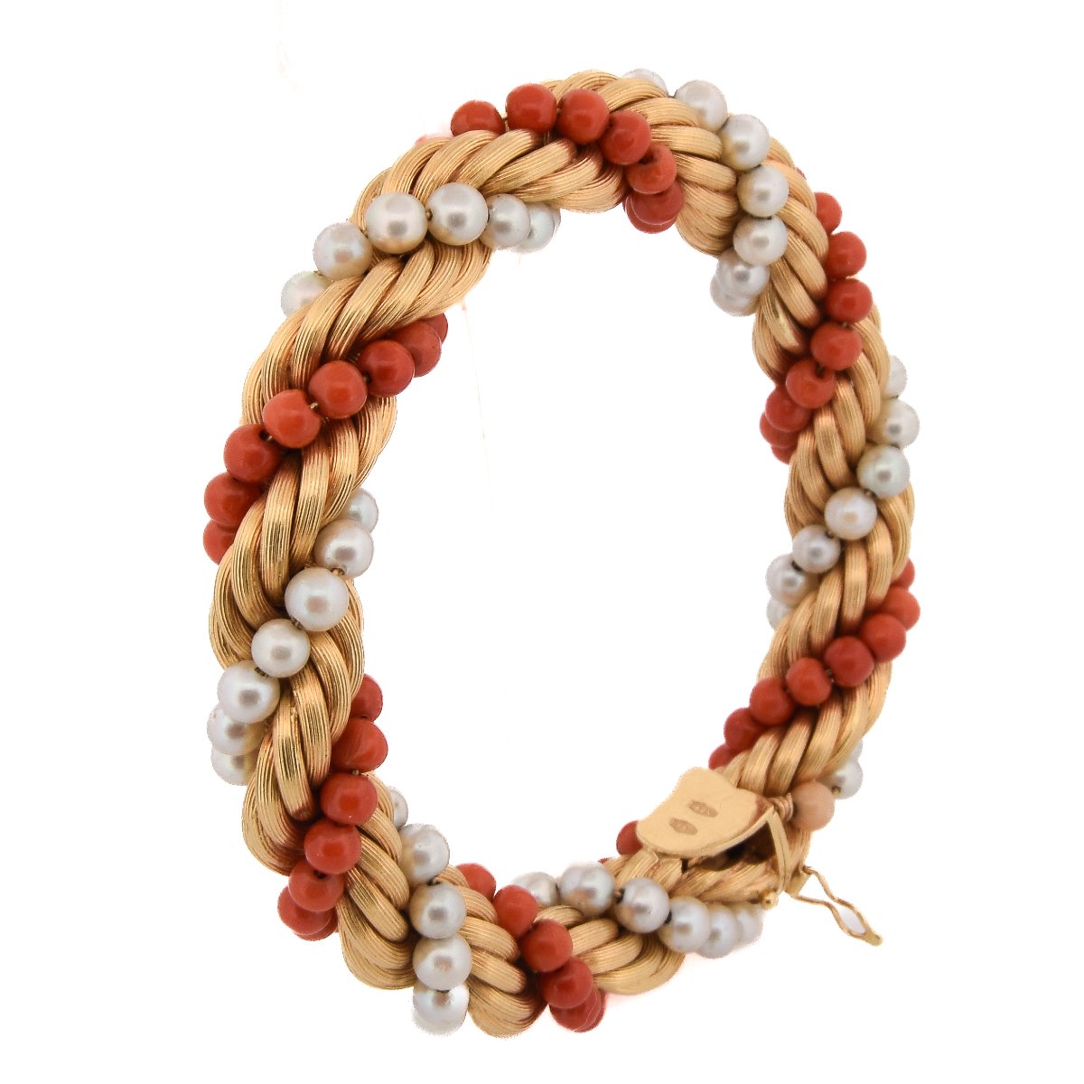 Parure Vintage Con Collana E Bracciale In Oro 18 Carati, Corallo Naturale E Perle Naturali -photo-6