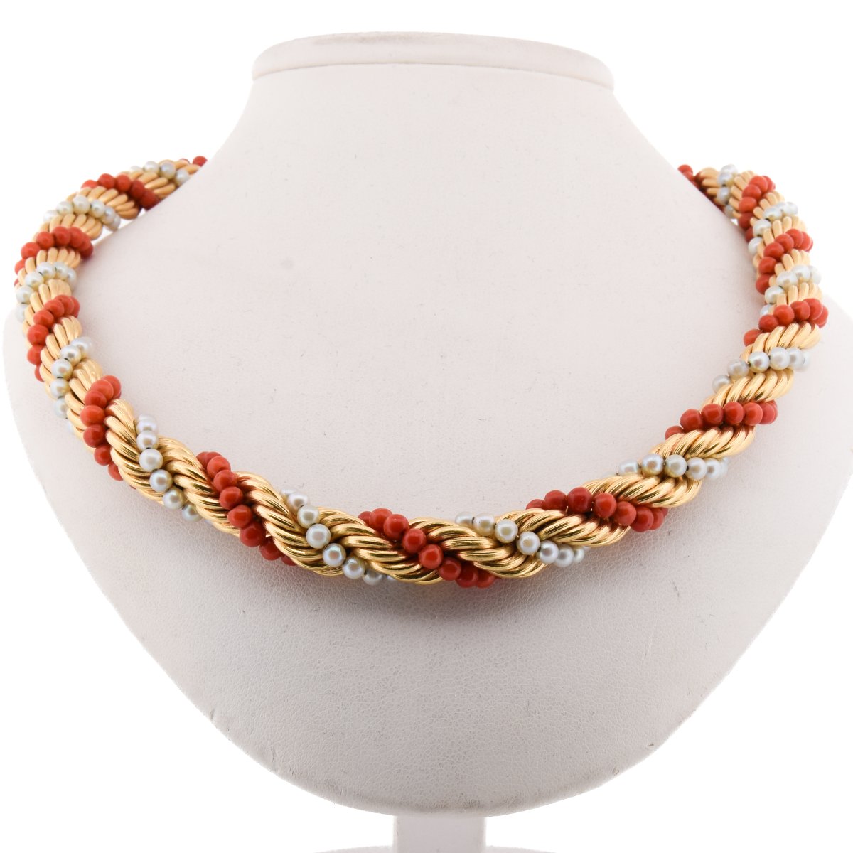 Parure Vintage Con Collana E Bracciale In Oro 18 Carati, Corallo Naturale E Perle Naturali 