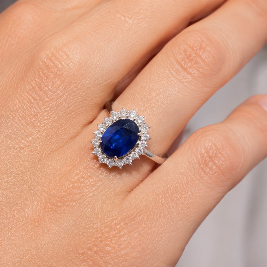 Anello Contemporaneo in Oro Bianco 18 Kt con Zaffiro Blu da 4,06 Ct e Diamanti    AN729-photo-3
