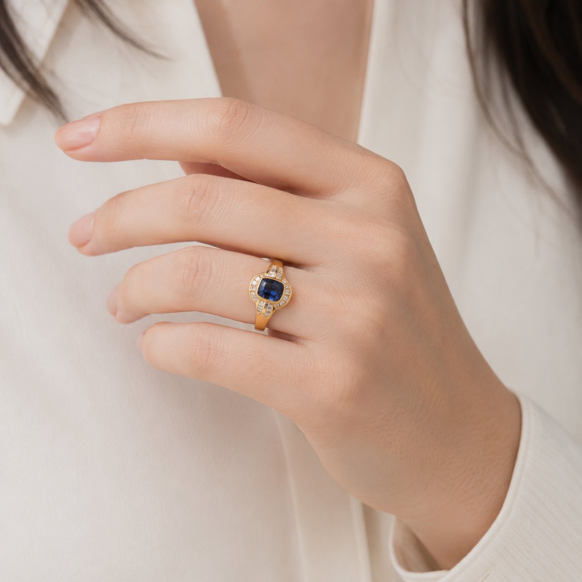 Anello In Oro 18 Kt Con Zaffiro Naturale Certificato 4,30 Ct E Diamanti Baguette 1,70 Ct-photo-2