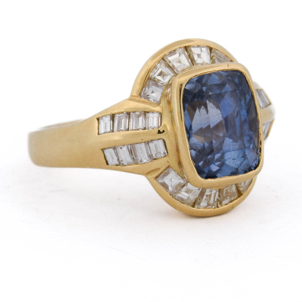 Anello In Oro 18 Kt Con Zaffiro Naturale Certificato 4,30 Ct E Diamanti Baguette 1,70 Ct-photo-3