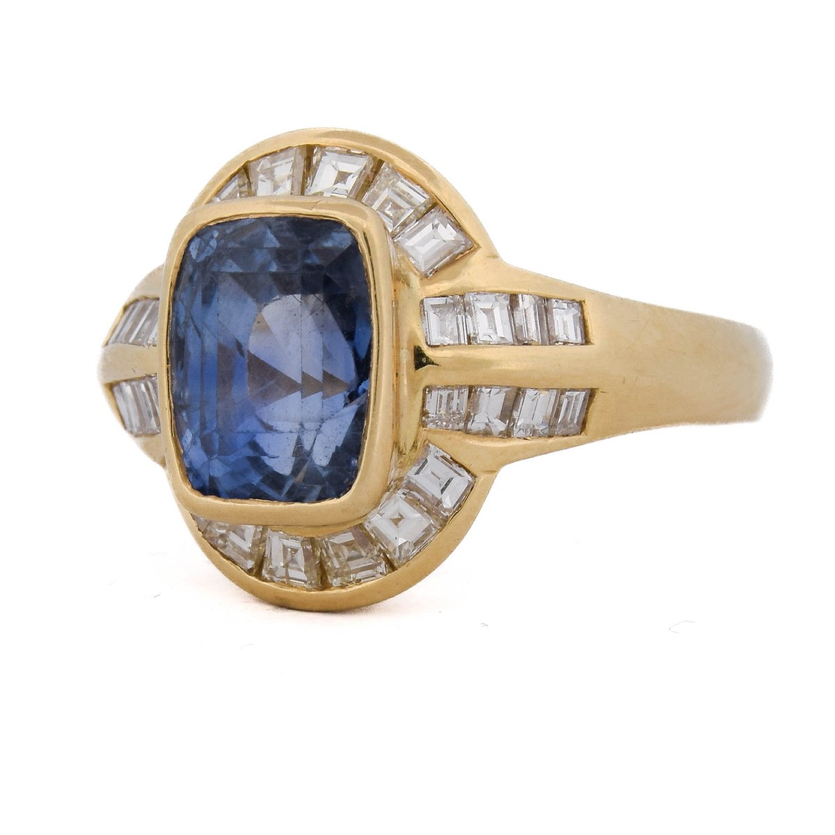 Anello In Oro 18 Kt Con Zaffiro Naturale Certificato 4,30 Ct E Diamanti Baguette 1,70 Ct-photo-3
