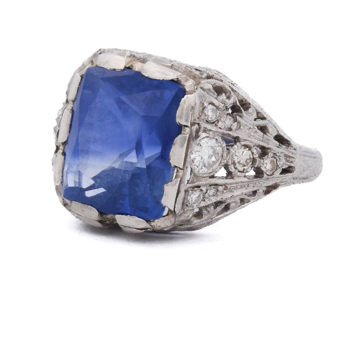 Anello Antico Circa 1910 In Platino Con Zaffiro Birmano Non Riscaldato 8,47 Ct E Diamanti-photo-3