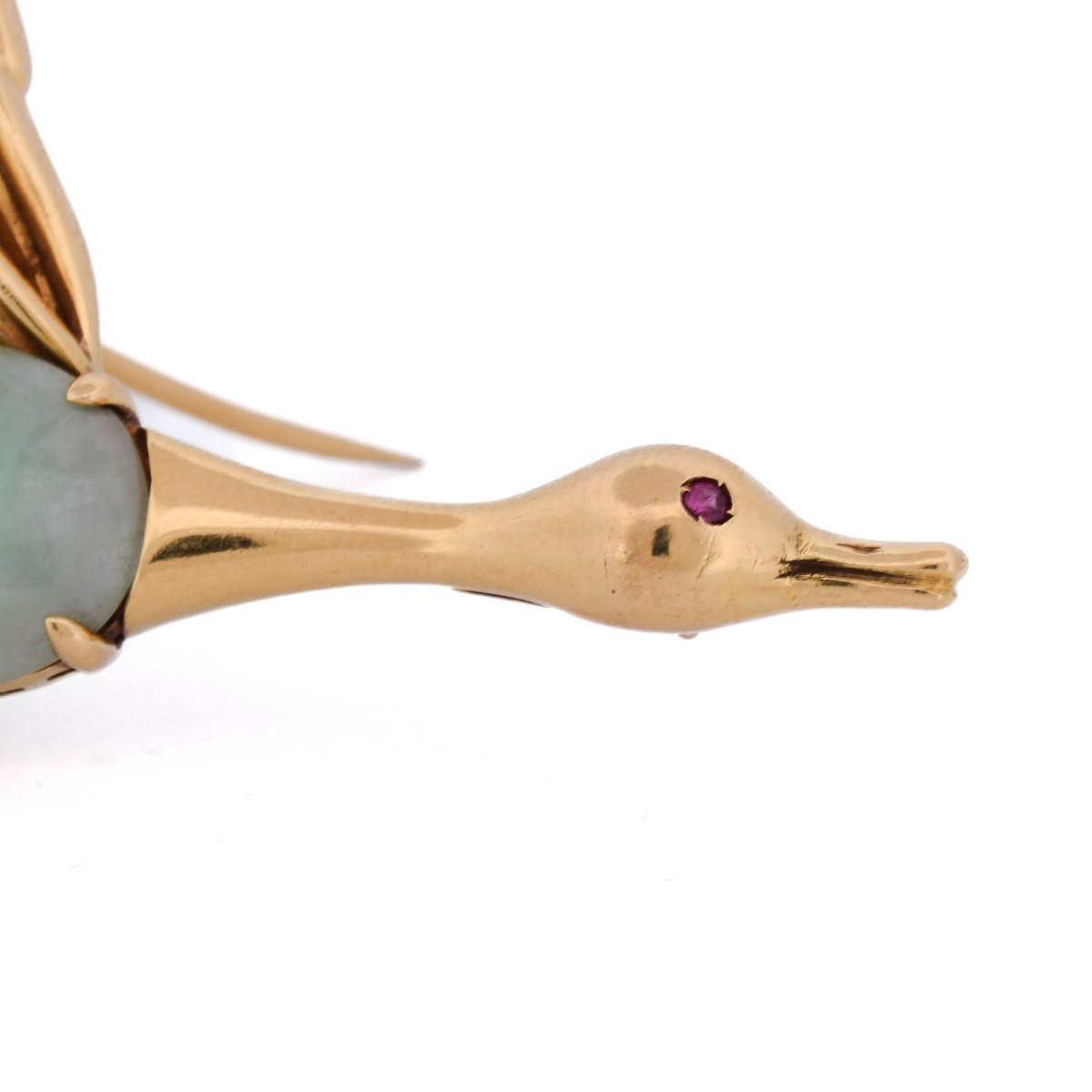 Spilla a forma di uccello in oro 18 kt con giada naturale e rubino-photo-3