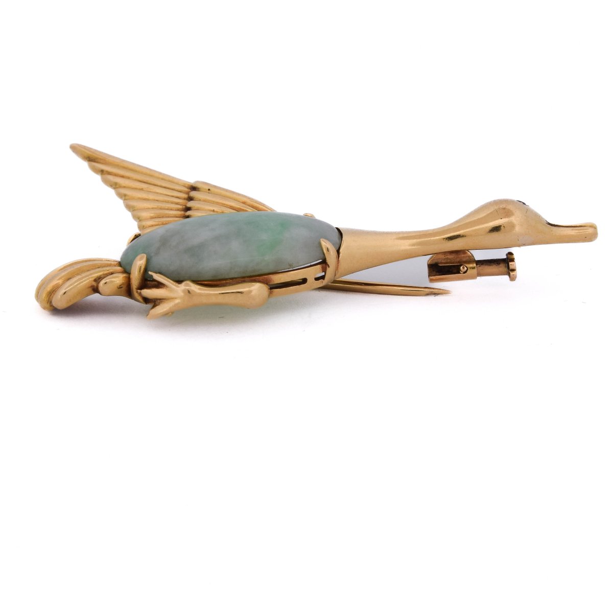Spilla a forma di uccello in oro 18 kt con giada naturale e rubino-photo-2
