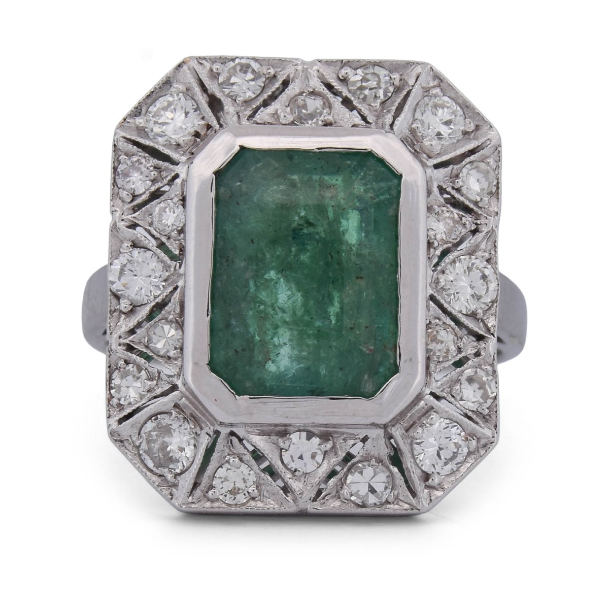 Anello Art Déco in Oro Bianco 18 KT con Smeraldo da 4,50 ct e Diamanti   AN131 (00219)
