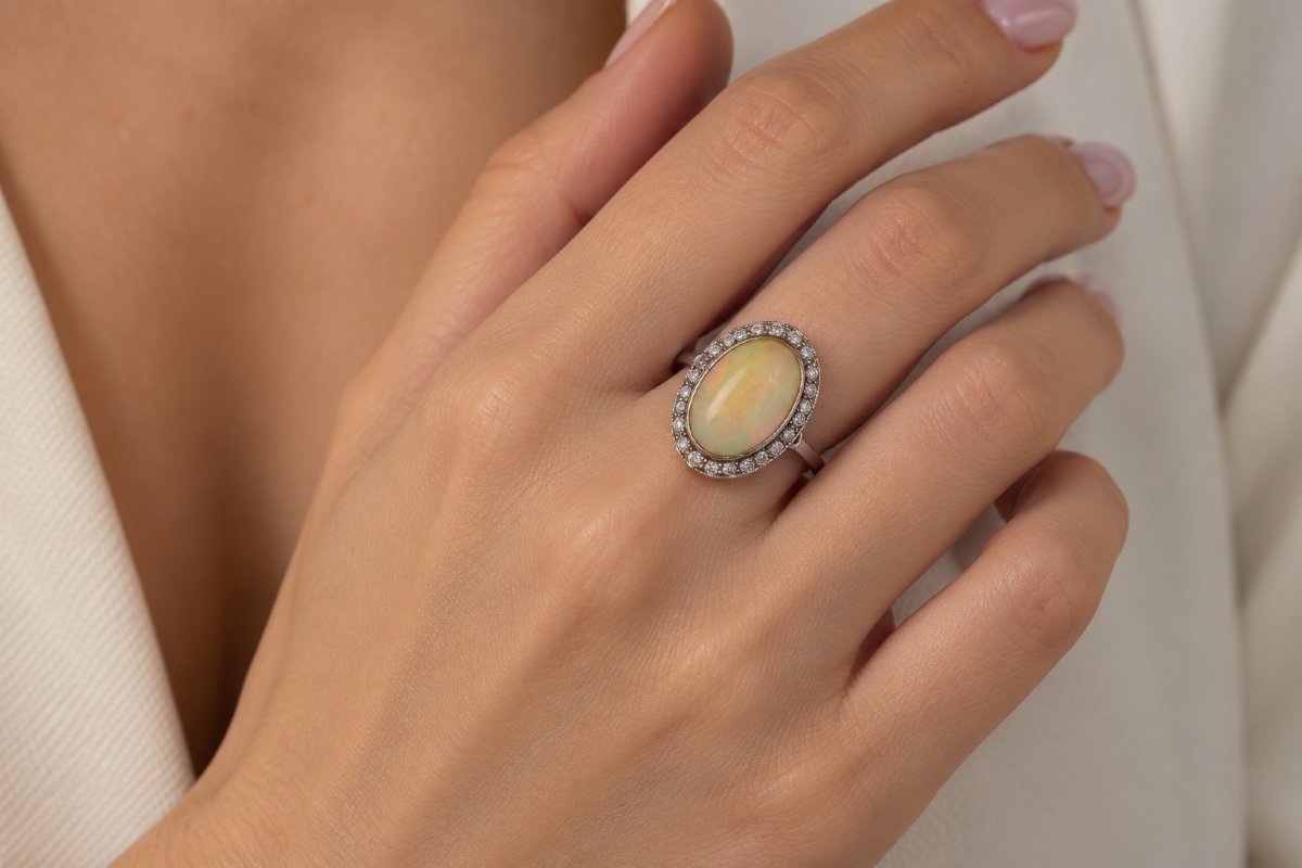 Anello Vintage in Oro Bianco 18 KT con Opale Naturale da 7,00 ct e Diamanti   AN218 (0569)-photo-2