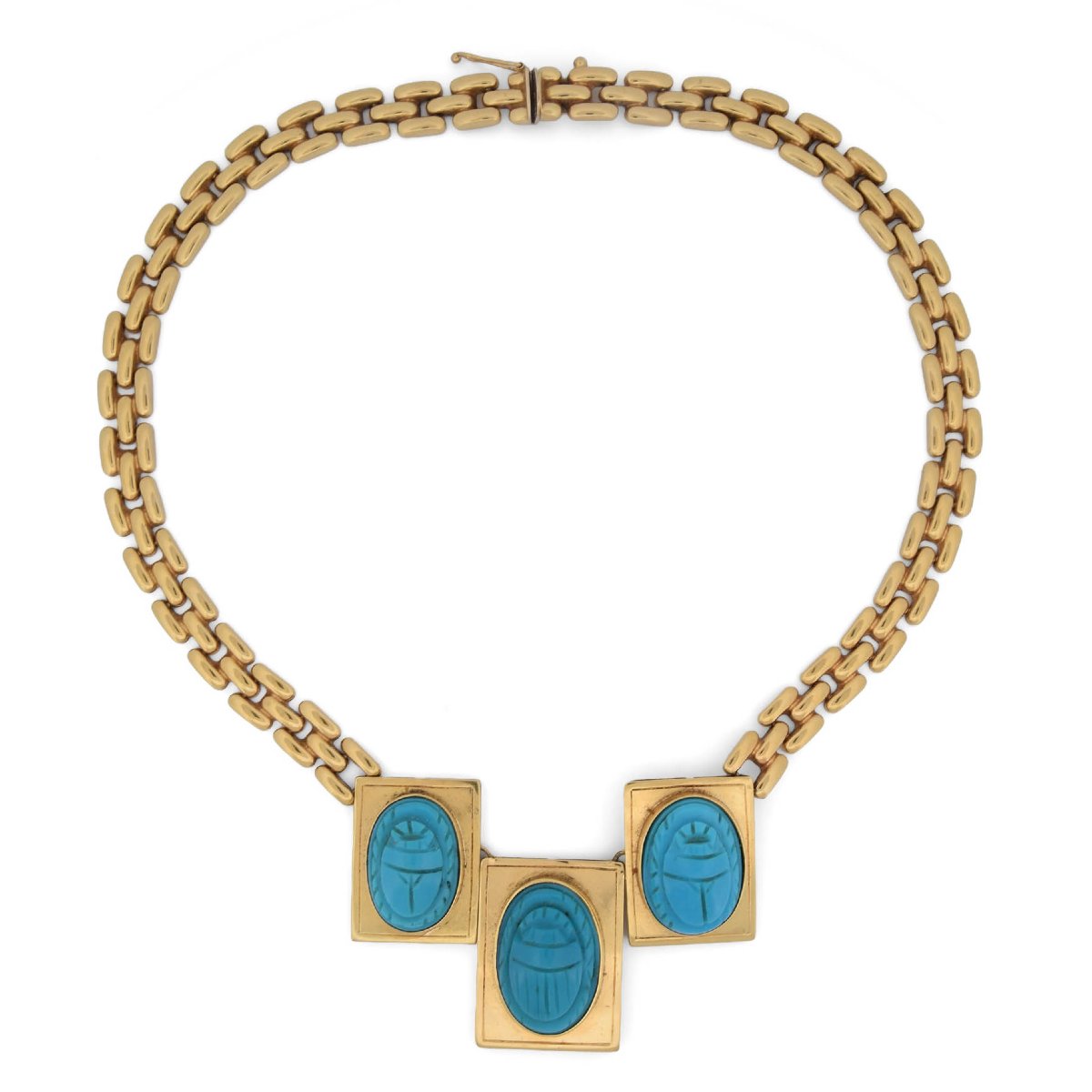 Collana vintage in oro giallo 18 kt con turchesi naturali scolpiti a scarabeo  CL69 128-34 (047
