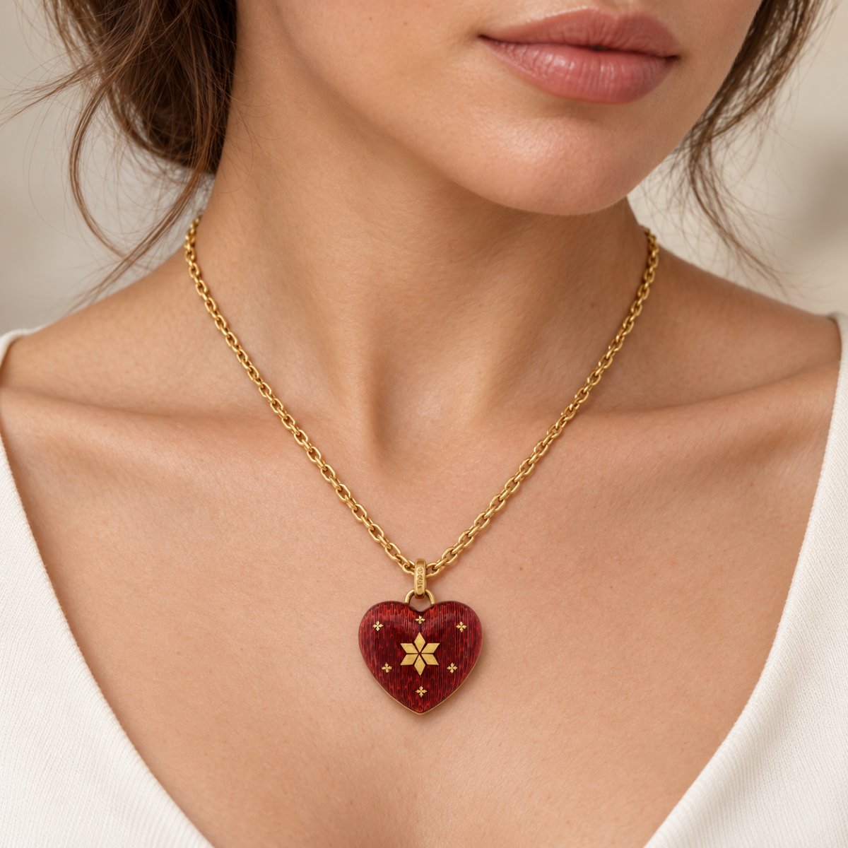 Collana Fabergé by Victor Mayer in Oro 18 Carati con Cuore in Smalto Rosso Guilloché e Diamanti-photo-2