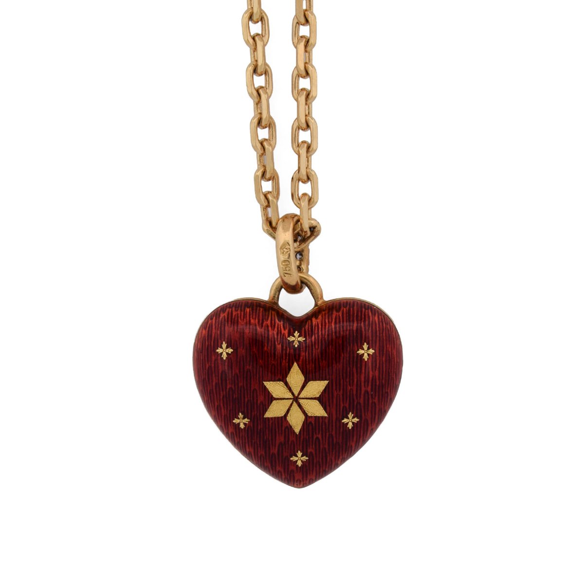 Collana Fabergé by Victor Mayer in Oro 18 Carati con Cuore in Smalto Rosso Guilloché e Diamanti-photo-4