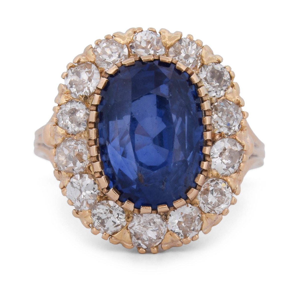 Anello Vittoriano in Oro 18 Carati con Zaffiro Sri Lanka di 7,70 Ct e Diamanti Antichi, Certifi