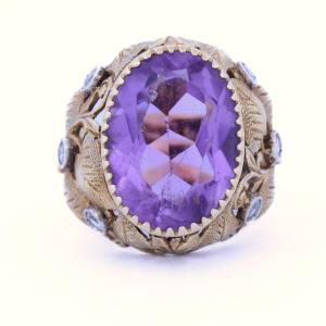 Anello Vintage Anni ’40 in Oro 18K con Ametista e Diamanti – Ametista da 10 Carati