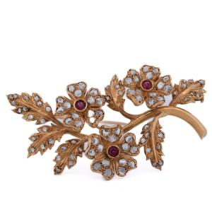 Spilla vittoriana in oro giallo 18 kt con diamanti e rubini a motivo floreale   SP18 116-38 (00