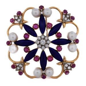 Spilla vintage in oro 18 kt con rubini, diamanti e smalto    SP15 116-35 (05329)