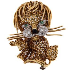Vintage 18k Gold Lion Brooch Diamonds 0.46 Ct Emerald Eyes Sp27 116-46 (00329)