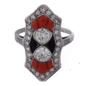 Anello Art Déco in Platino Diamanti Corallo Onice   AN613 P22 (05519)