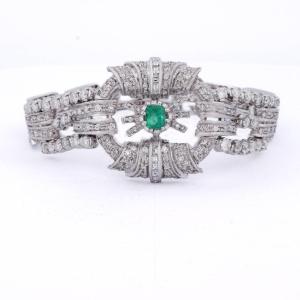Bracciale Art Déco in platino 950 con diamanti e smeraldo BR29 (00549)