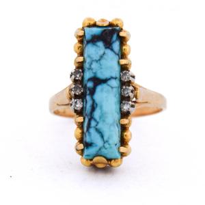 Anello Vintage In Oro Giallo 18 Kt Con Turchese Naturale E Diamanti