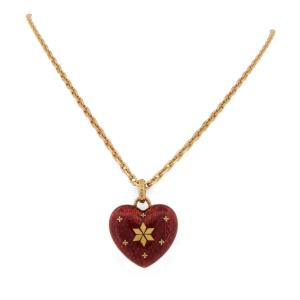 Collana Fabergé by Victor Mayer in Oro 18 Carati con Cuore in Smalto Rosso Guilloché e Diamanti