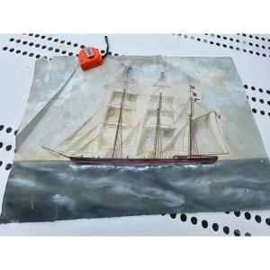Gouache Watercolor Of A Schooner