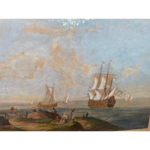 Gravure Couleur Pêcheurs Et Gallion