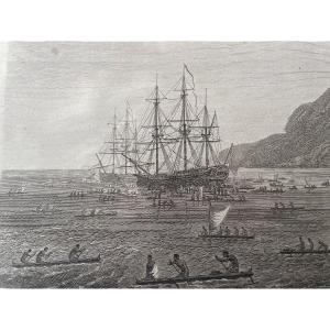 Engraving Canoes And Natives