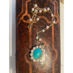 Turquoise And Pearl Pendant With Gold Chain