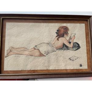 Gouache Drawing Young Girl Lying Down