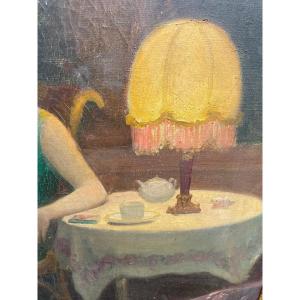 Woman On Terrace In Moonlight