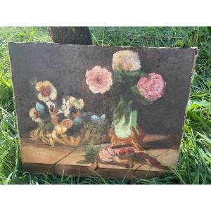 Still Life With Flowers And Fruits By Falquet Auguste
