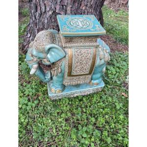 Pair Of Asian Elephants In Glazed Earthenware