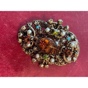 Patinated Metal Brooch With Amber Cabochon And Stones 